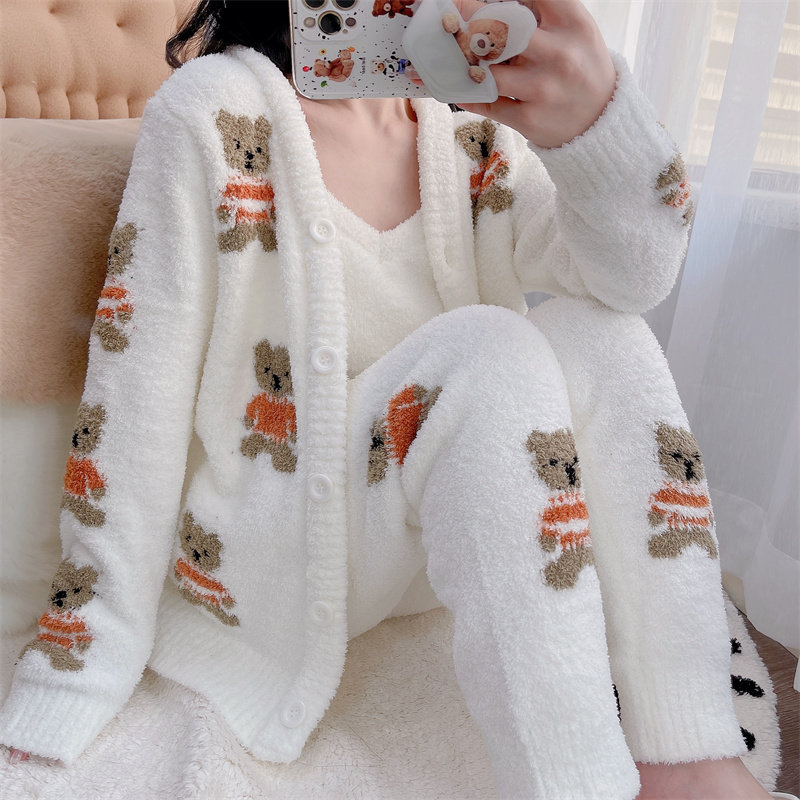 日系秋冬软绵绵条纹小熊睡衣女士冬季加厚保暖睡衣