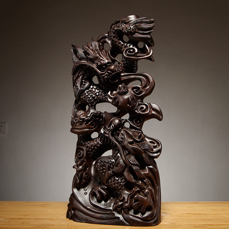 檀木雕龙摆件双龙戏珠家居客厅办公摆设装饰木雕