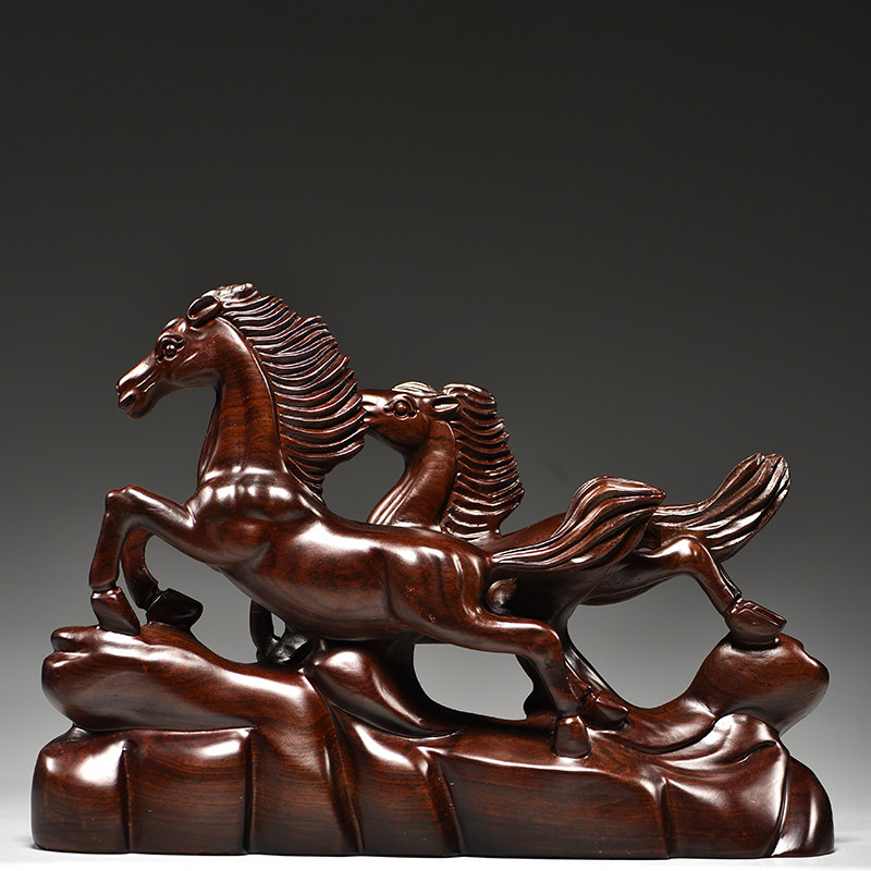 马到成功送礼装饰办公酒柜腾飞双马生肖檀木红木木雕