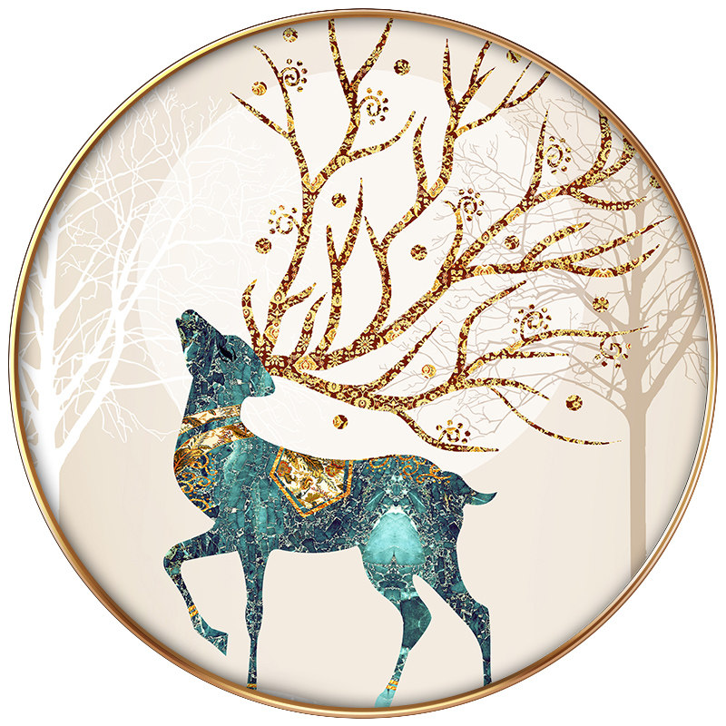 发财鹿玄关装饰画圆形挂画北欧抽象餐厅装饰现代轻奢招财客厅壁画