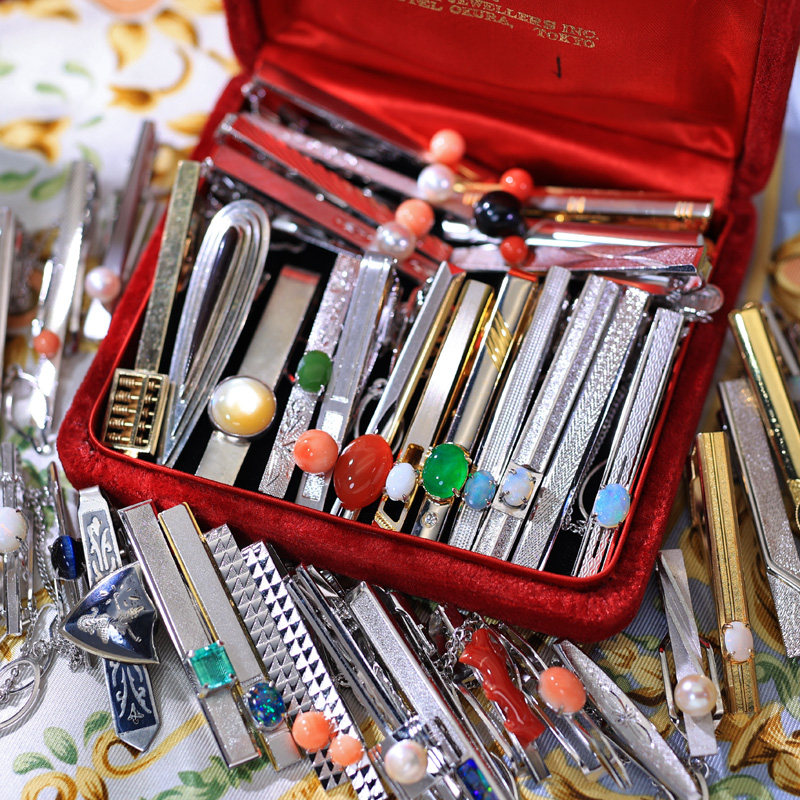 vintage日本中古领带夹银质欧珀祖母祖母绿绿宝石高档其它首饰