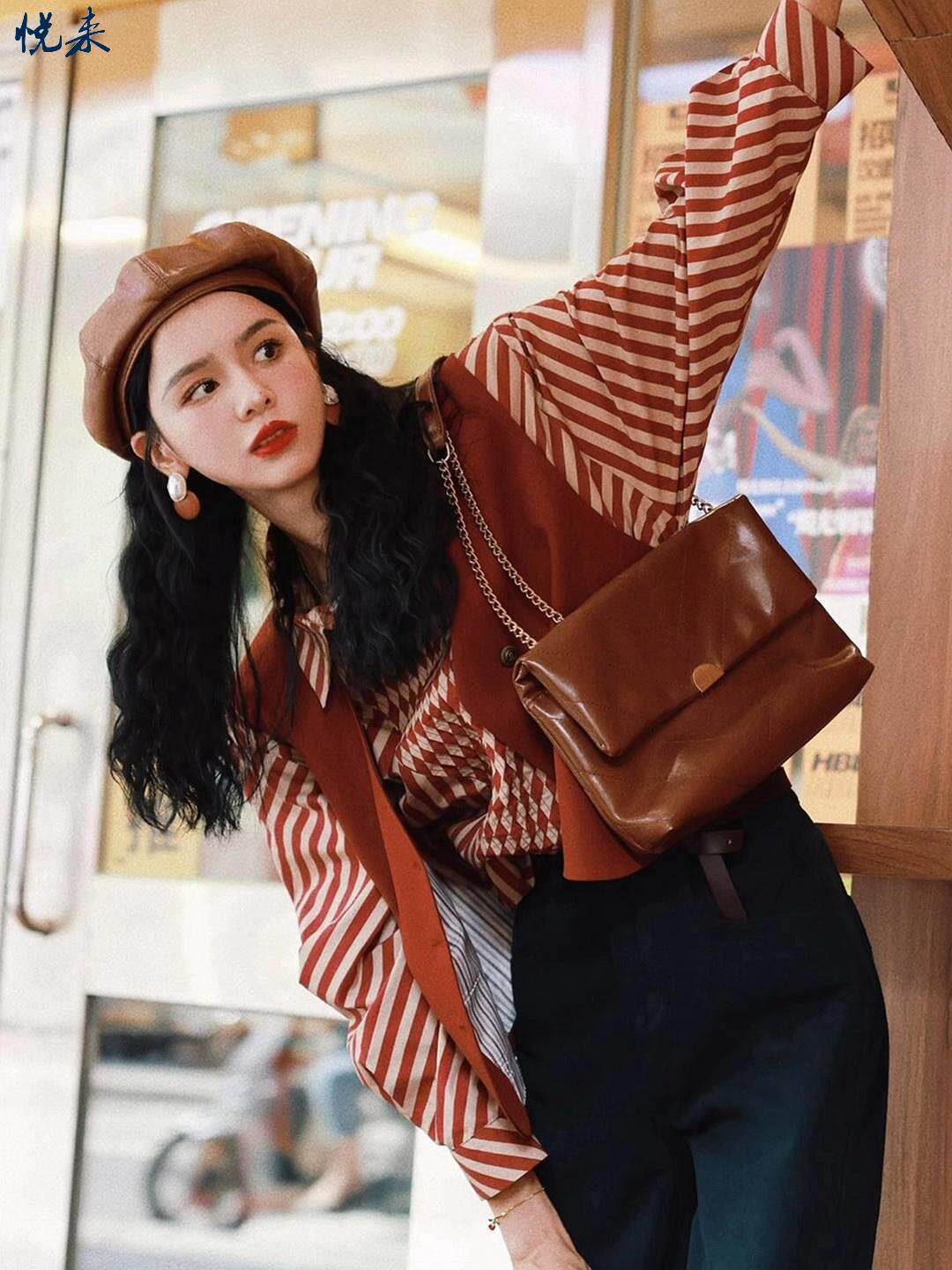 复古港风女装80年代条纹格子衬衫女款长袖马甲时尚套装