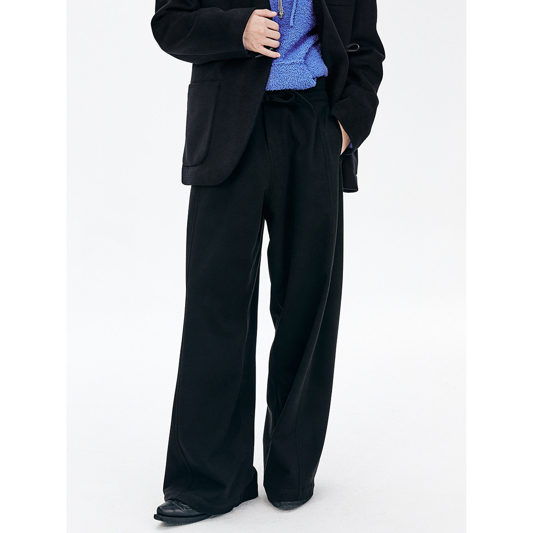 simpleproject秋冬暗斜纹混纺呢料腰部绑带a型宽腿剑道阔腿长裤