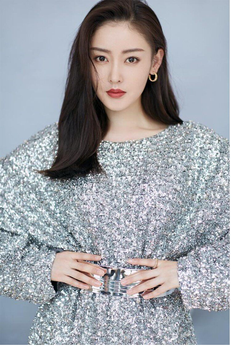 连衣裙张天爱天爱明同款银色圆领长袖亮片气质宽松连衣裙