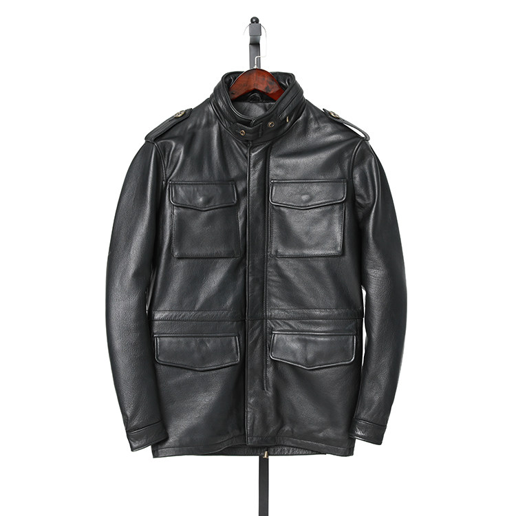 真皮皮衣头层牛皮立领加棉中长军旅m65可拆卸皮衣