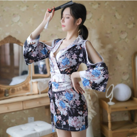 情趣内衣低胸复古印花和服镂空睡裙性感火辣束腰睡裙