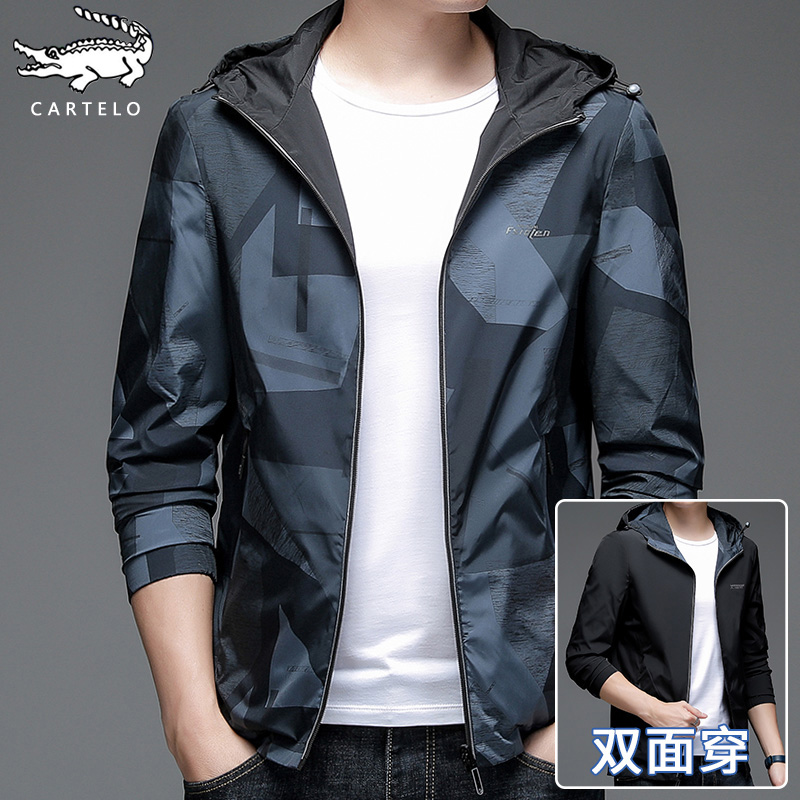 鳄鱼双面穿夹克男士春秋季薄款连帽外套2022新款休闲外穿迷彩上衣