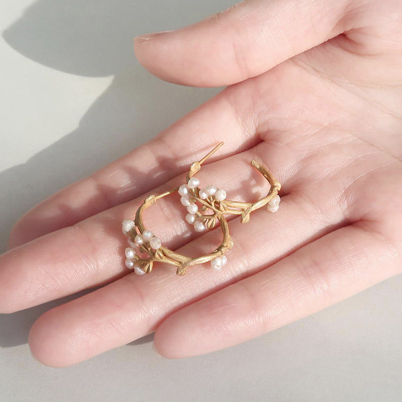 ayatorie耳环日本原创设计萌芽树枝珍珠耳钉森系耳环