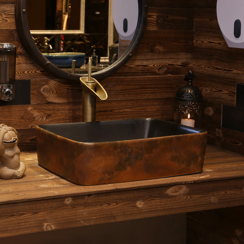 景焱复古艺术台上盆长方形陶瓷洗脸盆家用仿古台盆中式台上洗手