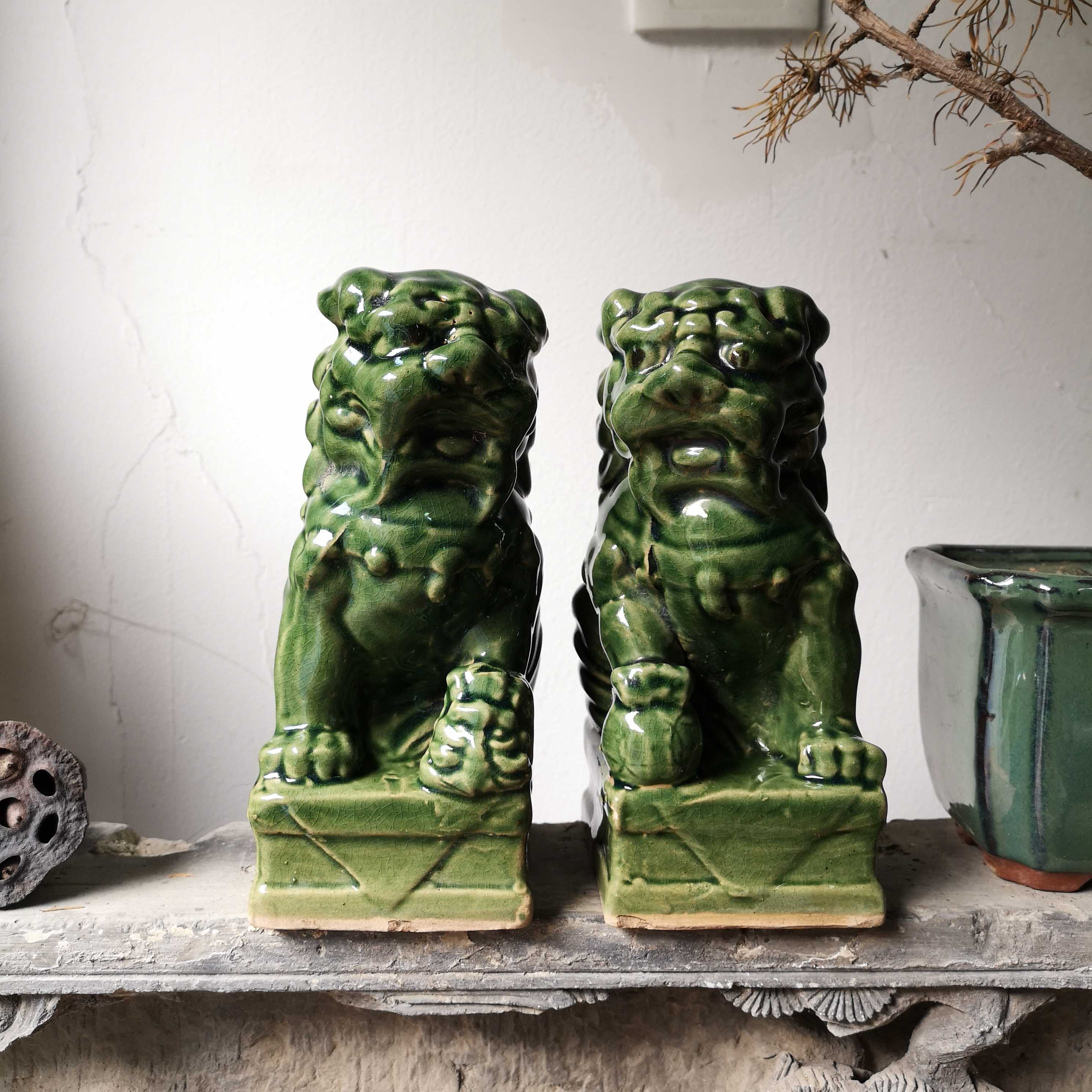 案头文革江南绿狮子物件古董瓷器新中式中式摆件摆件