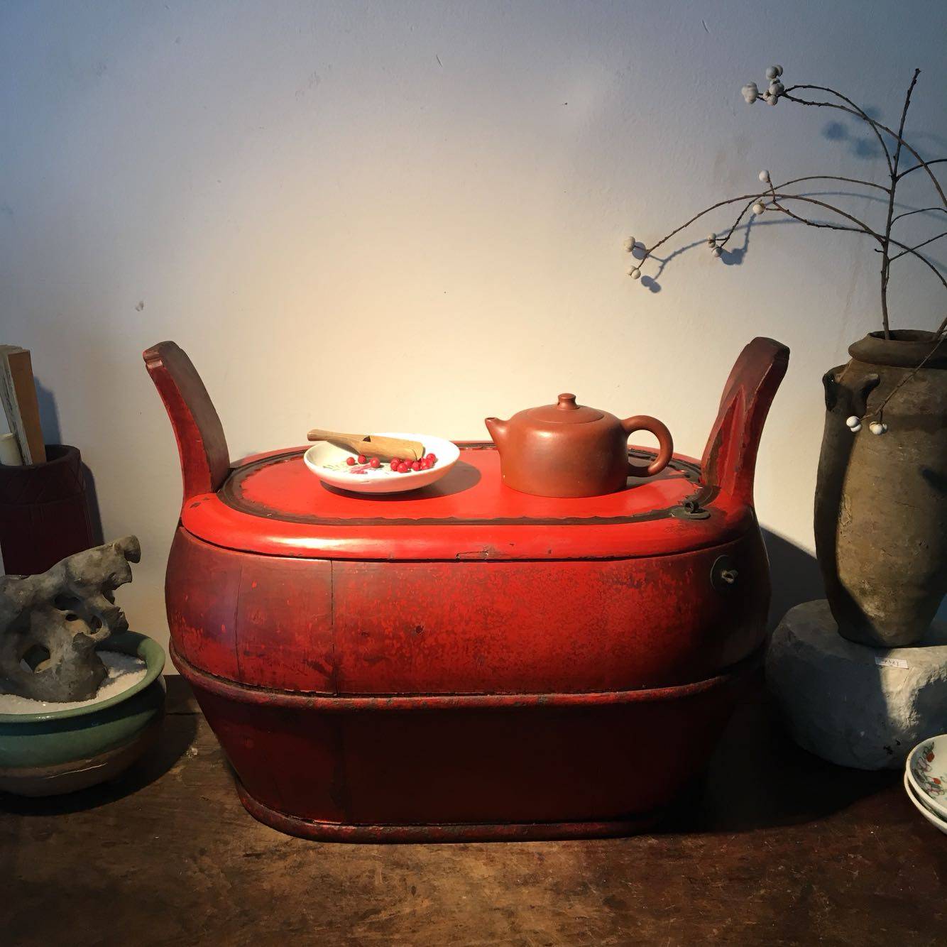 收纳晚清江南朱红楠木盒老物件古董新中式中式摆件