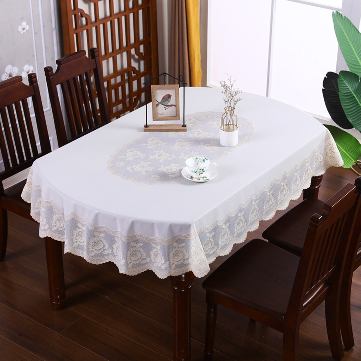 桌布圆弧椭圆形pvc蕾丝蕾丝花花朵白色餐桌防水桌布