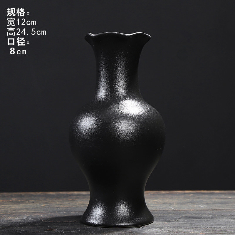 欧式简约黑色陶瓷花瓶可装水插干花客厅禅意装饰摆件黑陶复古花器