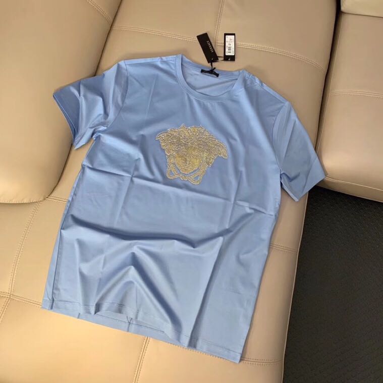 夏季欧洲站美杜莎烫钻圆领短袖T恤男瓦萨琪蓝色潮流修身人头半袖t