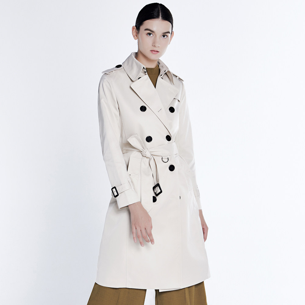 风衣优杰仕长款女双双排扣开女士英伦风尚米白白色风衣