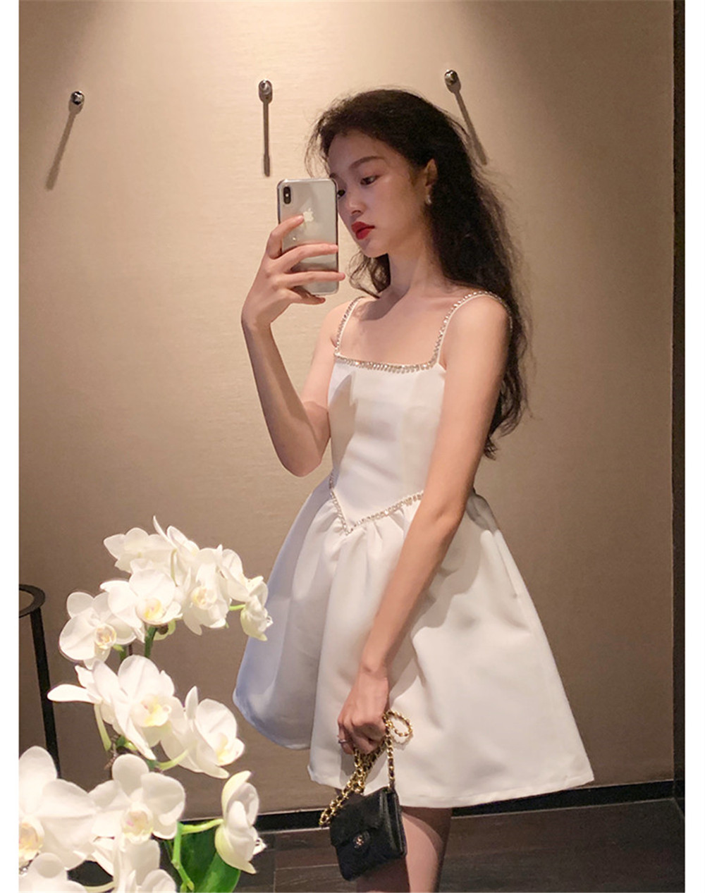 白色吊带连衣裙女镶钻a字蓬蓬生日party裙公主初恋复古轻礼服高级