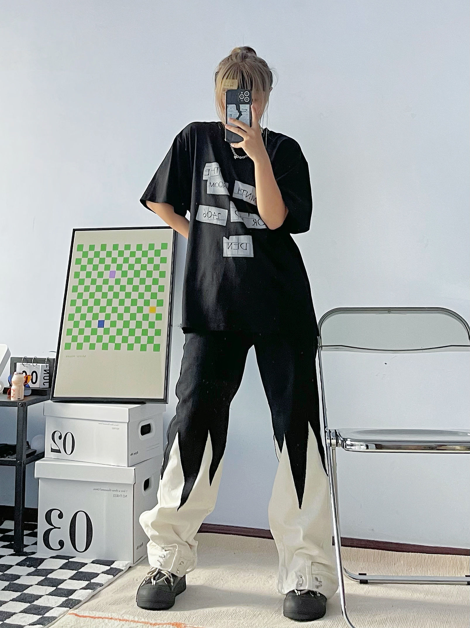 【TZ killer】21FW黑白双色裁剪拼接长裤 男女百搭宽松阔腿牛仔裤