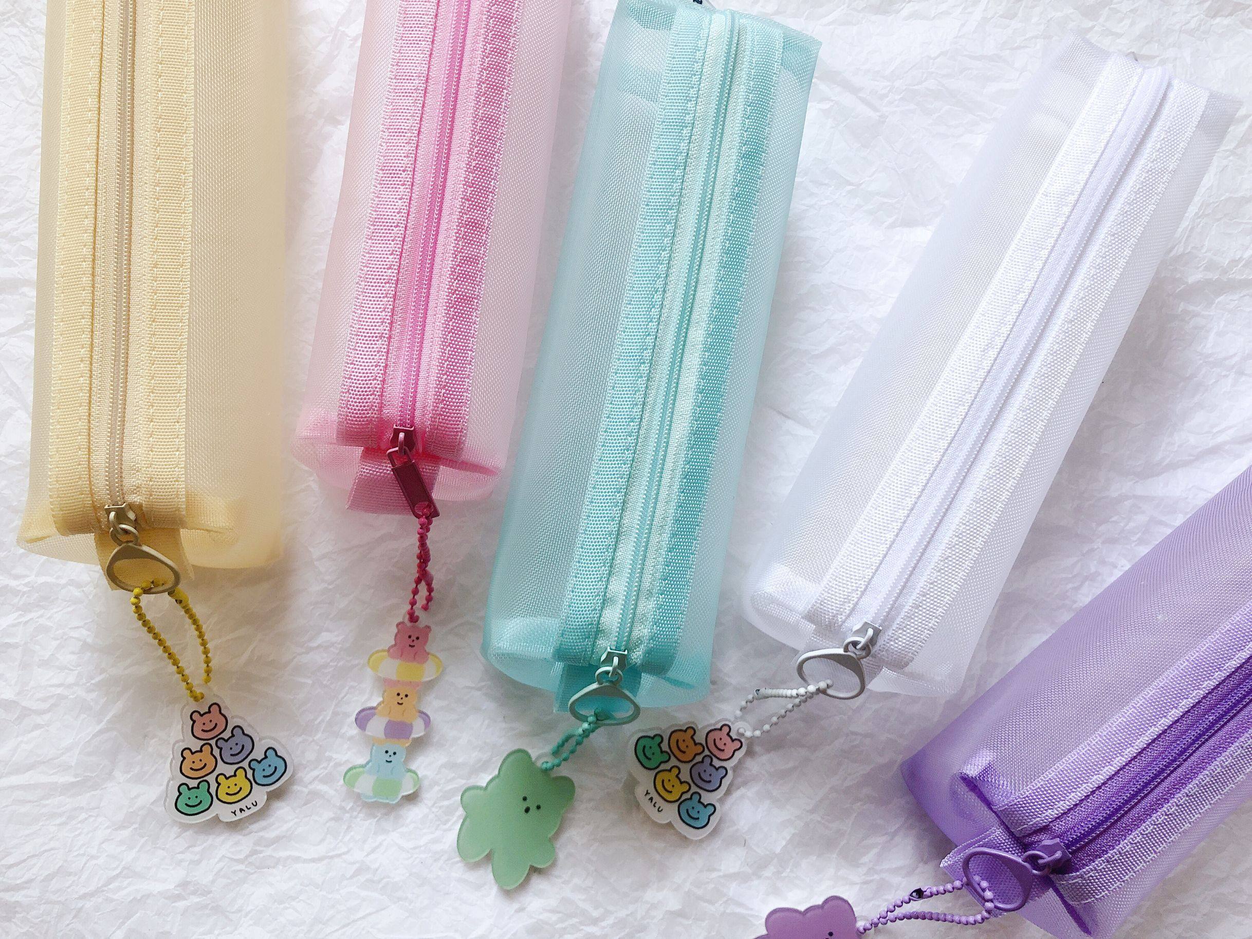 韩国ins同款原创糖果色小熊笔袋网纱大容量立体笔袋