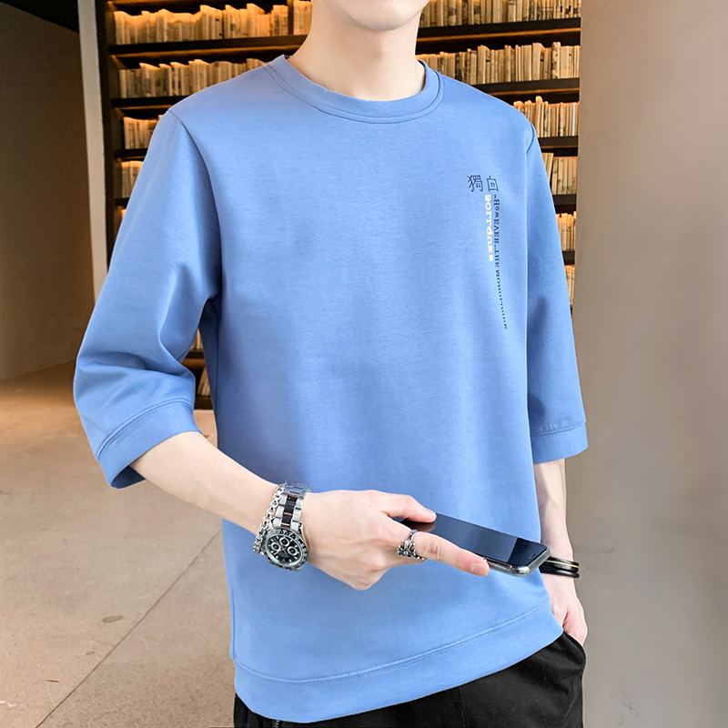 2022秋季新款中袖t恤男士韩版半袖7七分袖T恤血短袖潮流ins上衣服