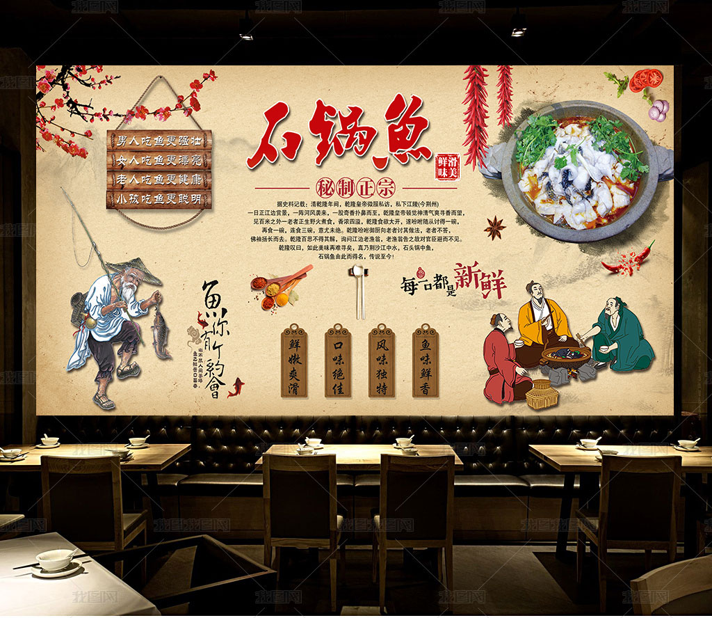 蒸汽石锅鱼海报贴纸贴画时代防水自粘墙贴壁画墙贴