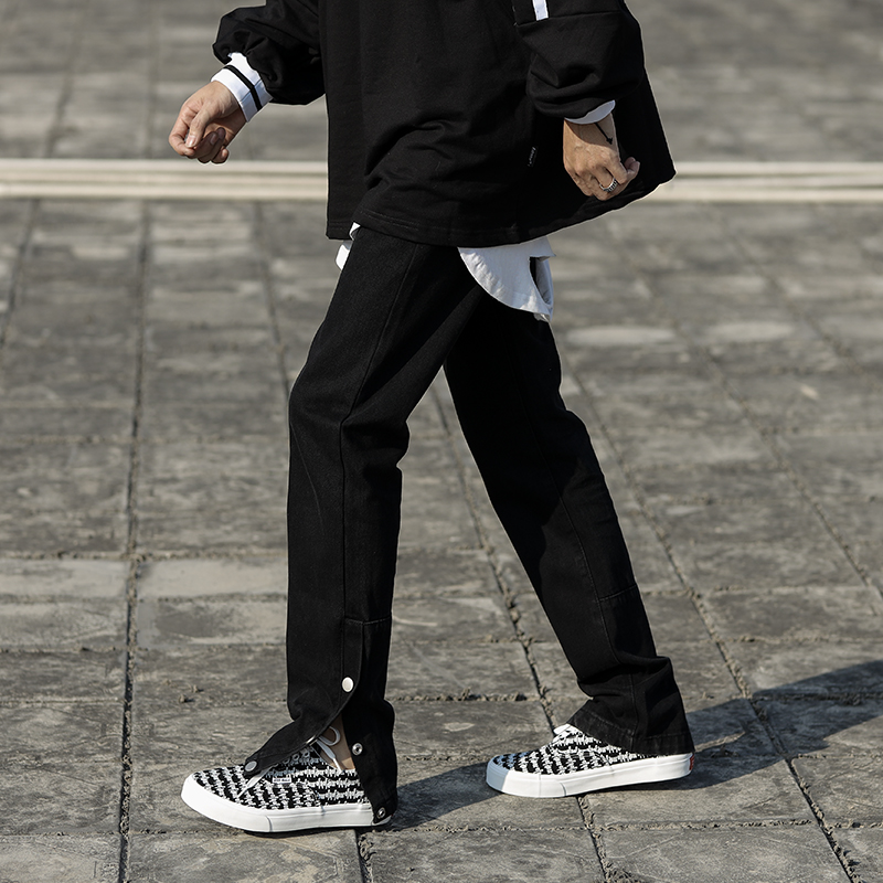 ins高街复古水洗黑色牛仔裤男潮牌开叉排扣垂坠嘻哈拖地修身长裤