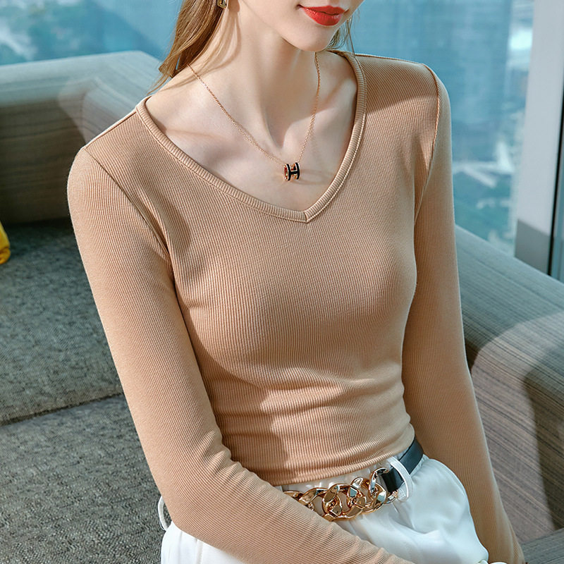 丹语鸡心领打底衫女款修身长袖基础内搭v领t恤女式秋款v字领上衣