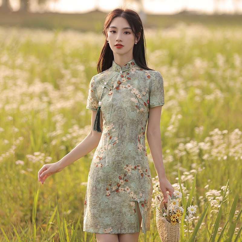 旗袍2021年新款夏季绿色小个子短款高雅民国复古旗袍