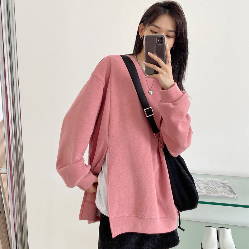 粉色开叉卫衣女春秋2021新款宽松bf慵懒小个子卫衣