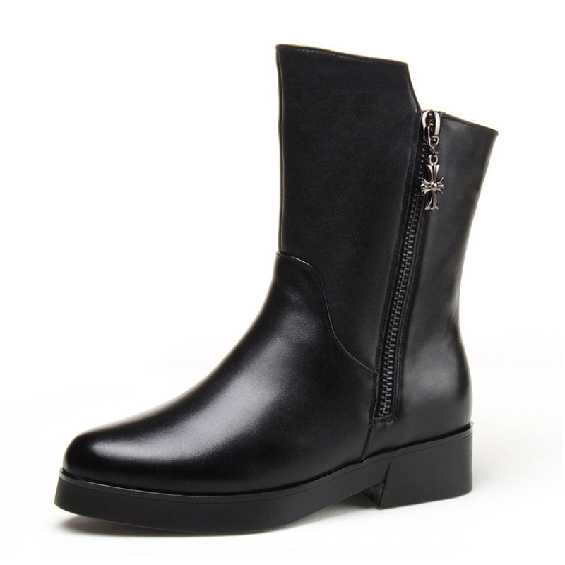 新款网红蜻蜓女鞋真皮女靴中筒靴粗跟羊毛靴平跟妈妈棉靴大码皮靴