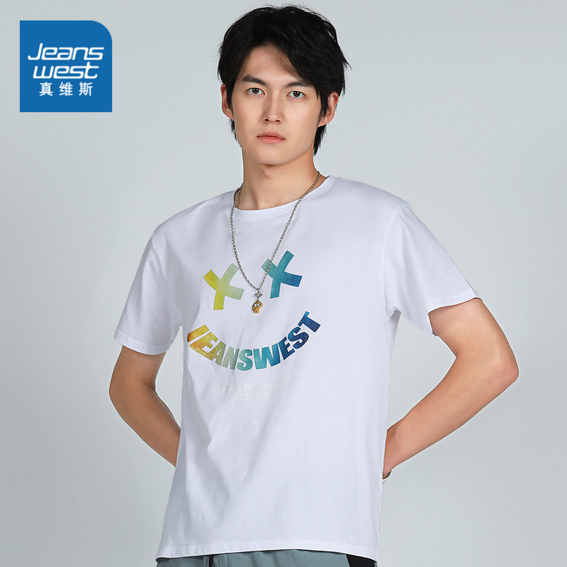 jr真维斯男装休闲体恤衫夏季青年上衣男士时尚印花圆领短袖t恤