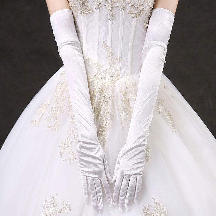 白色婚纱手套蕾丝长款缎面冬季超仙露指森系新娘结婚礼服加厚手袖