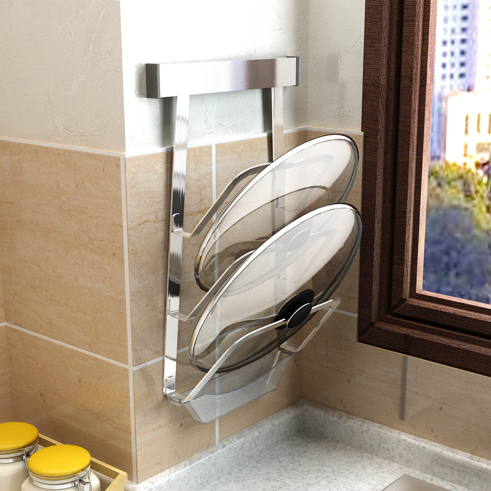 不锈不锈钢钢带接水盘免打孔锅盖壁挂式厨房置物锅盖架