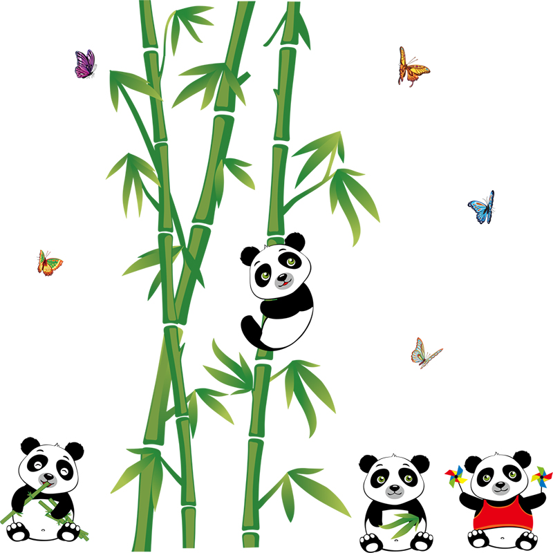 可移除可爱小熊猫竹子墙贴卧室客厅电视墙装饰品中式自黏胶墙贴纸