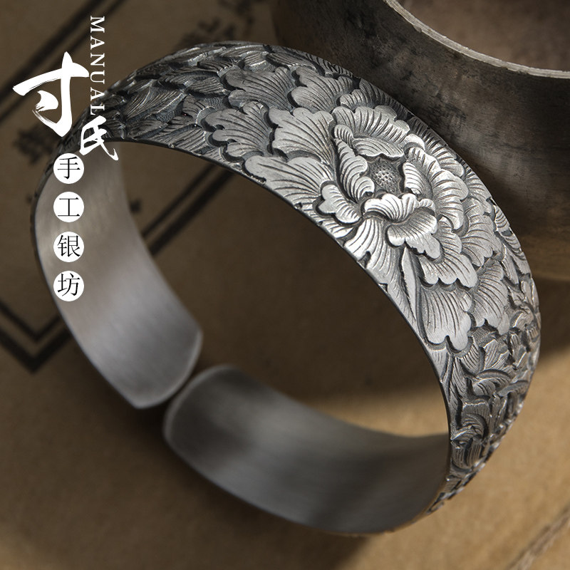 手工寸氏s999足银手镯牡丹花开口纯银女款妈妈手镯