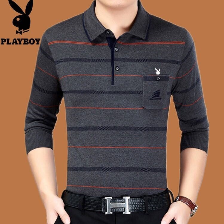 花花公子秋季中年男士长袖T恤纯棉翻领中老年上衣打底衫爸爸装