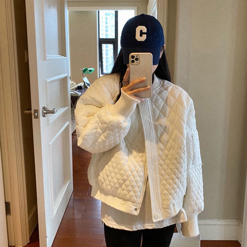 白色菱格棒球棉服设计感小众秋冬加厚轻薄羽绒服女短款2022年新款