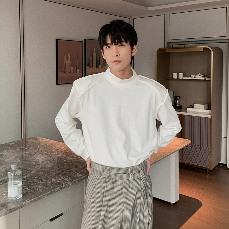 Hualun秋冬垫肩半高领纯色基础打底衫T恤男潮牌长袖内搭体恤卫衣