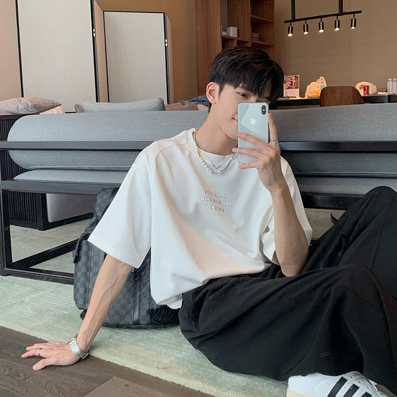 Hualun夏季宽松五分袖t恤男ins短袖潮流潮牌英文印花百搭上衣体恤