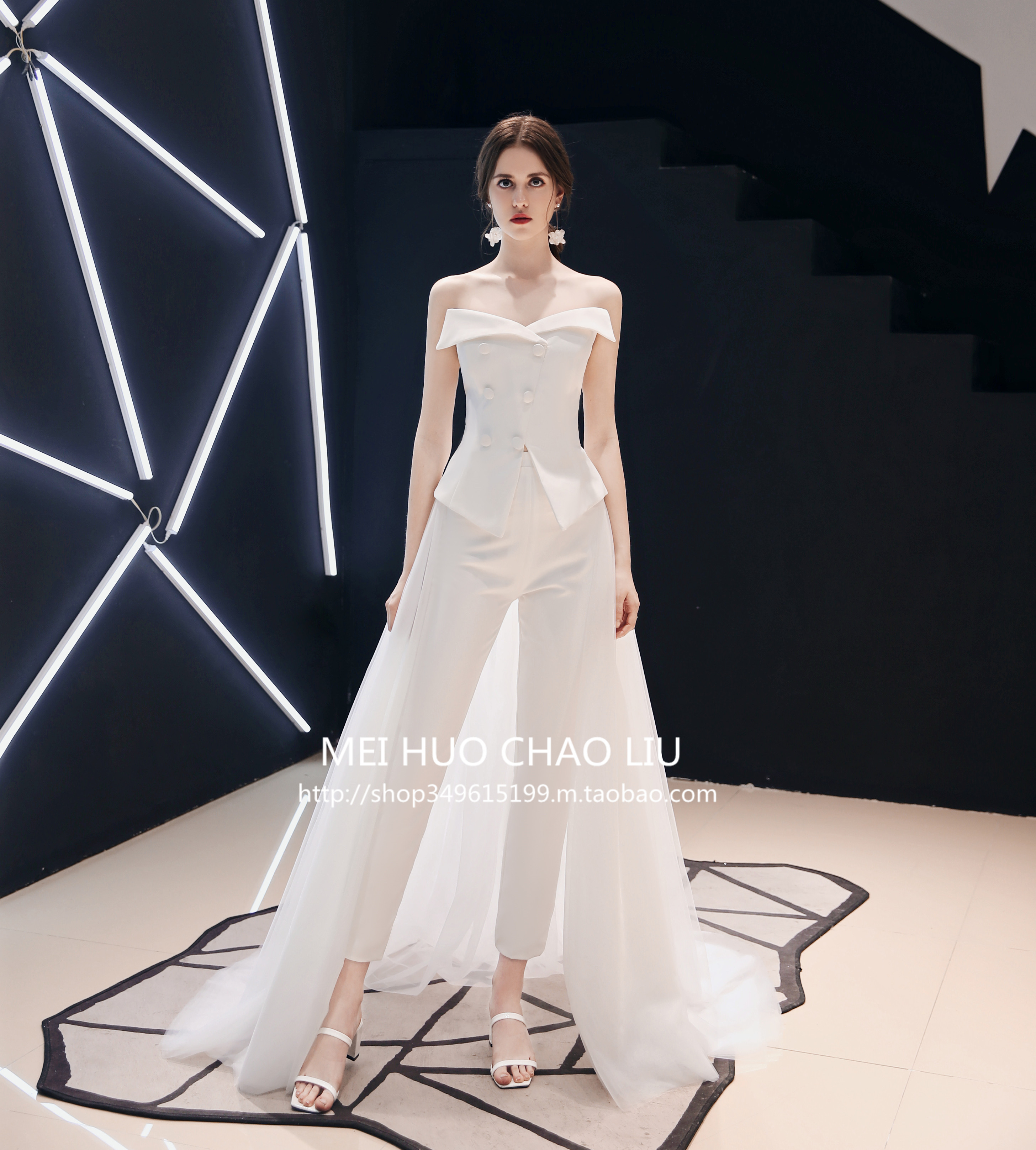 新款可拆卸裤装婚纱礼服拖尾走秀三件套晚礼服新娘结婚出门纱女