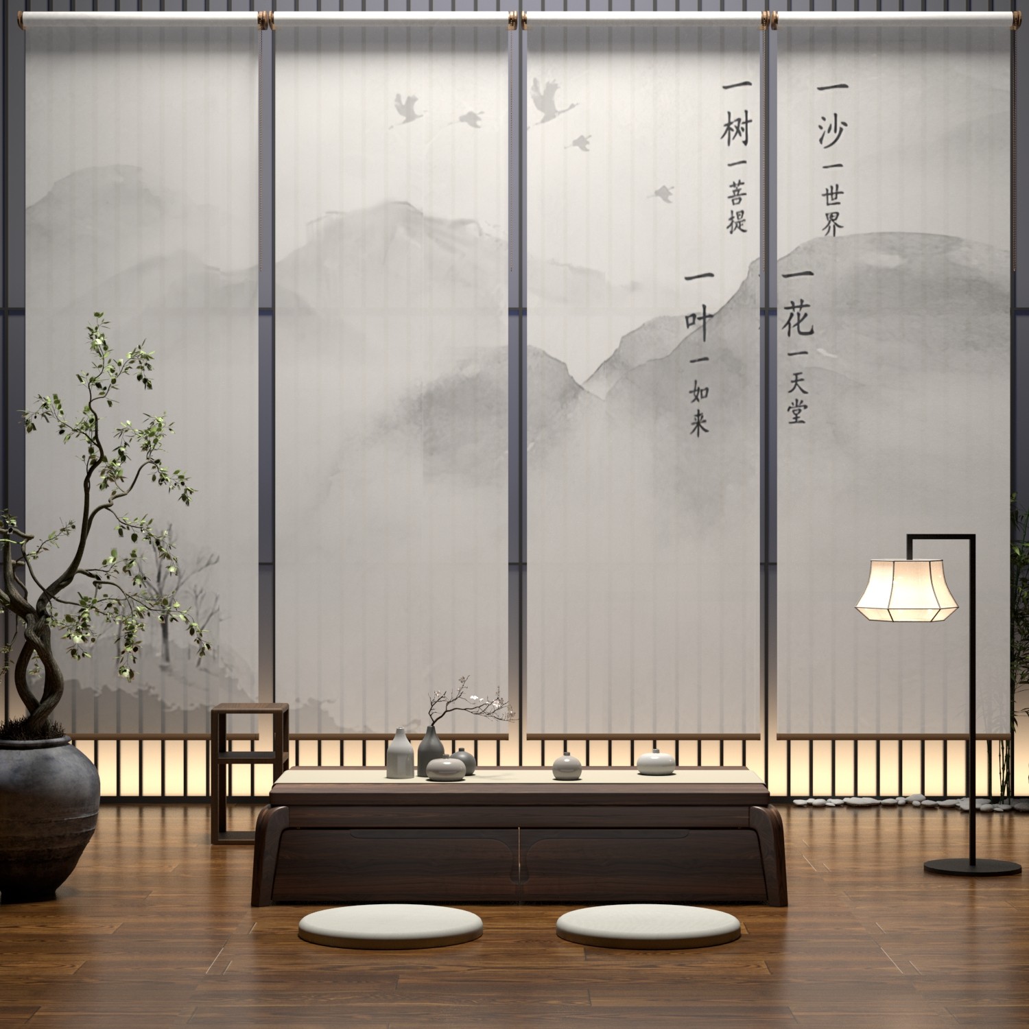 新中式禅意山水卷帘半透明挂式屏风隔断遮光卧室卷帘