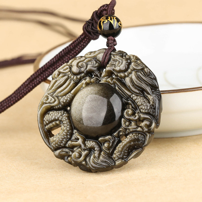 双龙天然金曜石护主吊坠戏珠平安扣项链虎年男女项坠