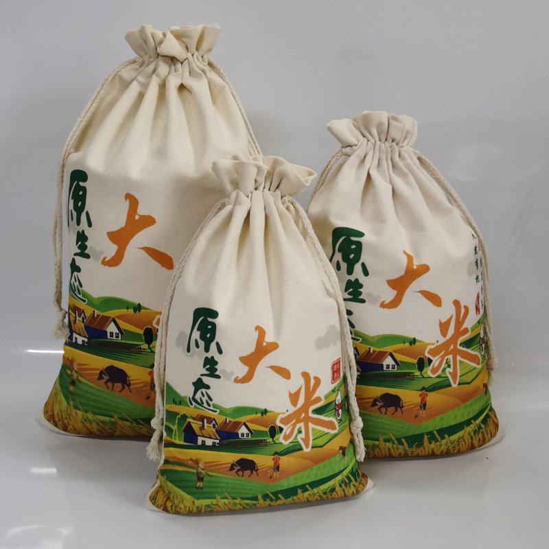 帆布布袋彩印田园风帆米袋面粉口袋抽绳大米购物袋