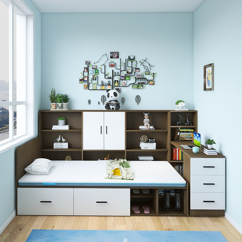 榻榻米床头衣柜书桌一体式简约小户户型靠墙卧室板式床