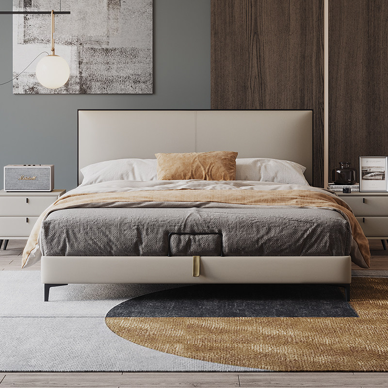 意式轻奢真皮18米主卧双人床现代简约小户户型高脚皮艺床