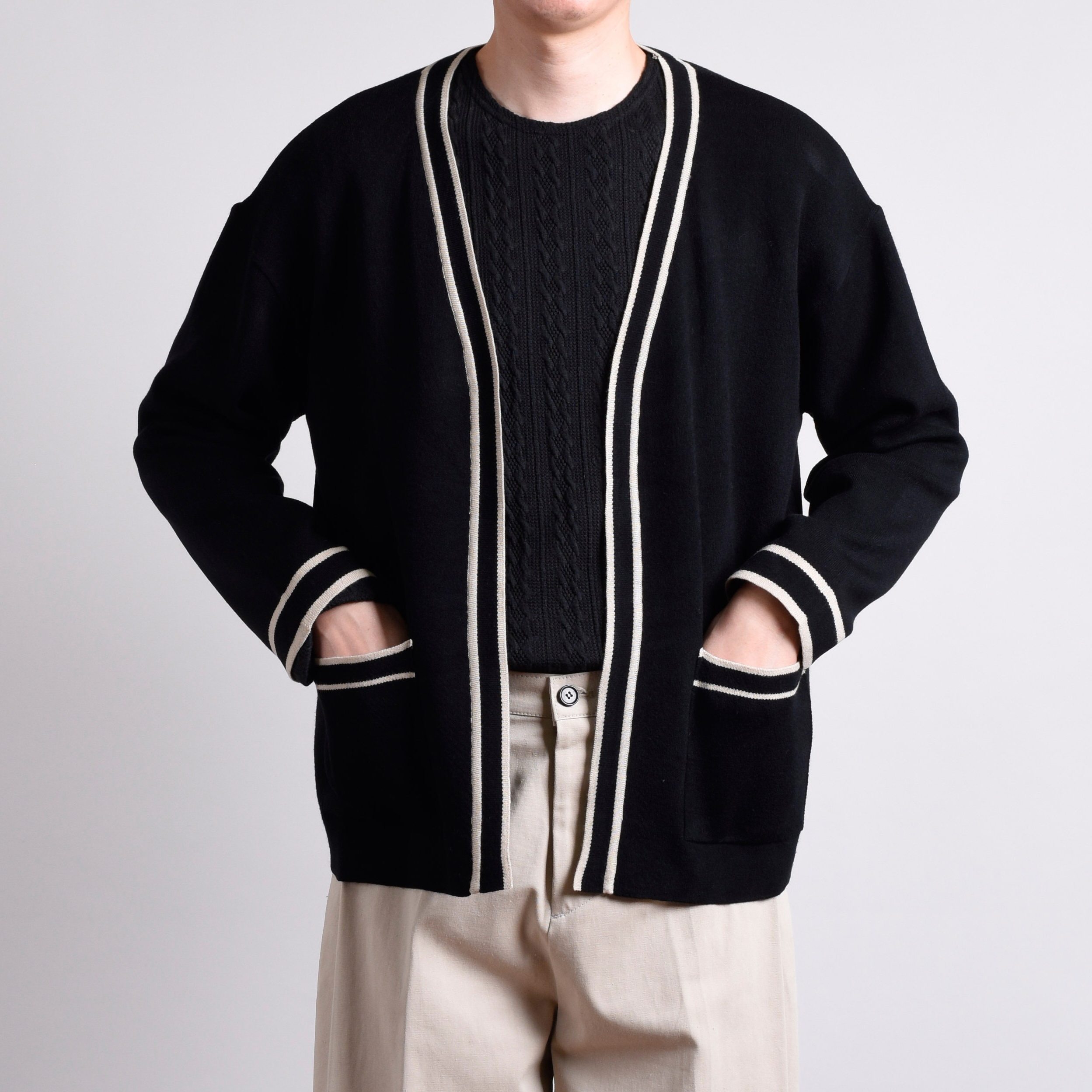 rcc男装2色秋冬法式小香风无扣条纹宽松打底针织衫