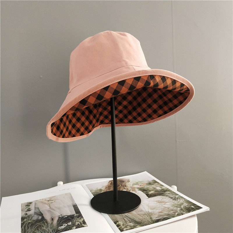 渔夫帽女隐形双面帽子格纹大檐遮脸夏季uv帽子
