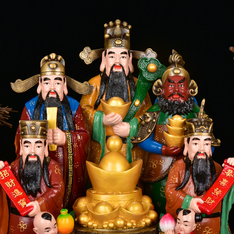 财神五路百纳源财神爷摆件黄铜彩绘佛像聚宝盆客厅摆件