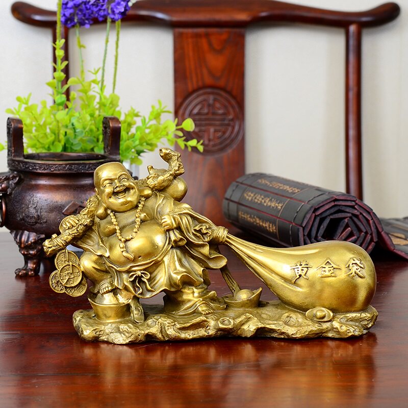 百纳源 弥勒佛像笑佛 黄金袋大肚弥勒佛拉布袋笑佛书房茶室装饰品_7折