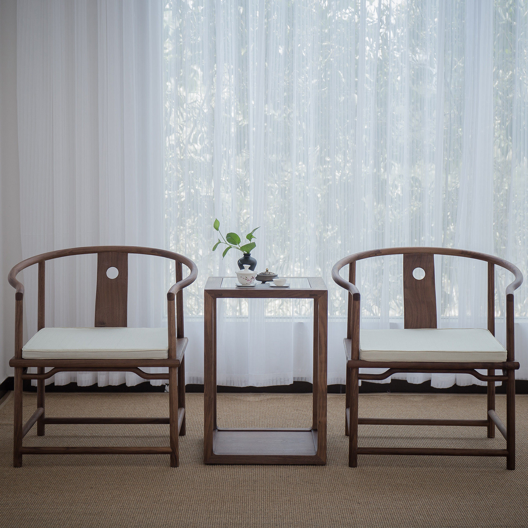 新中式三件客厅方几角会客简洁禅意件套圈椅胡桃木茶几