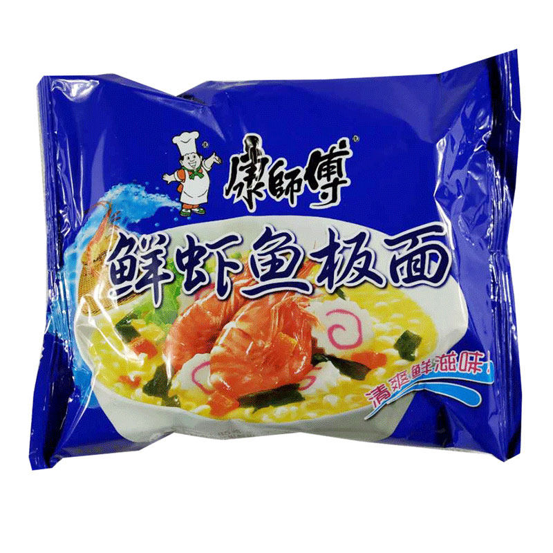 康师傅方便面经典鲜虾板面95克袋装泡面休闲速食冲泡方便面